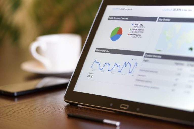 Digital analytics dashboard displaying traffic sources and visitor statistics, with a coffee cup and smartphone in the background, emphasizing digital marketing insights for law firms and nonprofits.