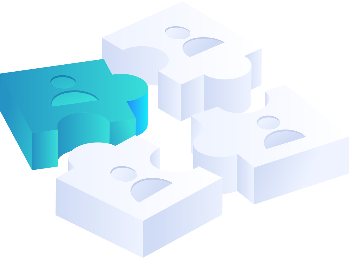 Puzzle pieces with a blue piece fitting into white pieces, symbolizing collaboration and integration in web development and marketing strategies.