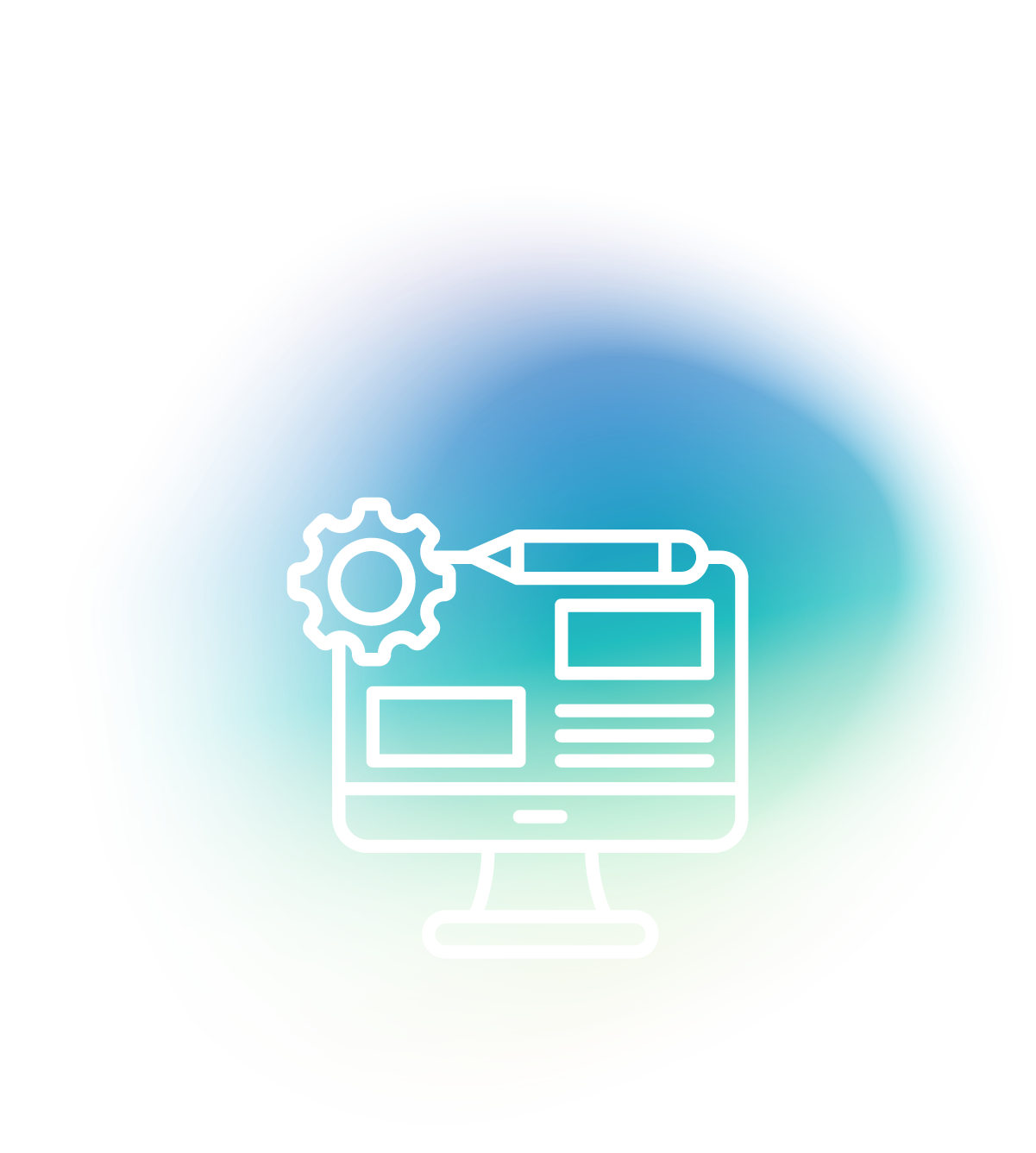 On-page SEO optimization graphic featuring a computer monitor with a gear and pencil icon, symbolizing content structure and technical adjustments for improved search engine rankings.