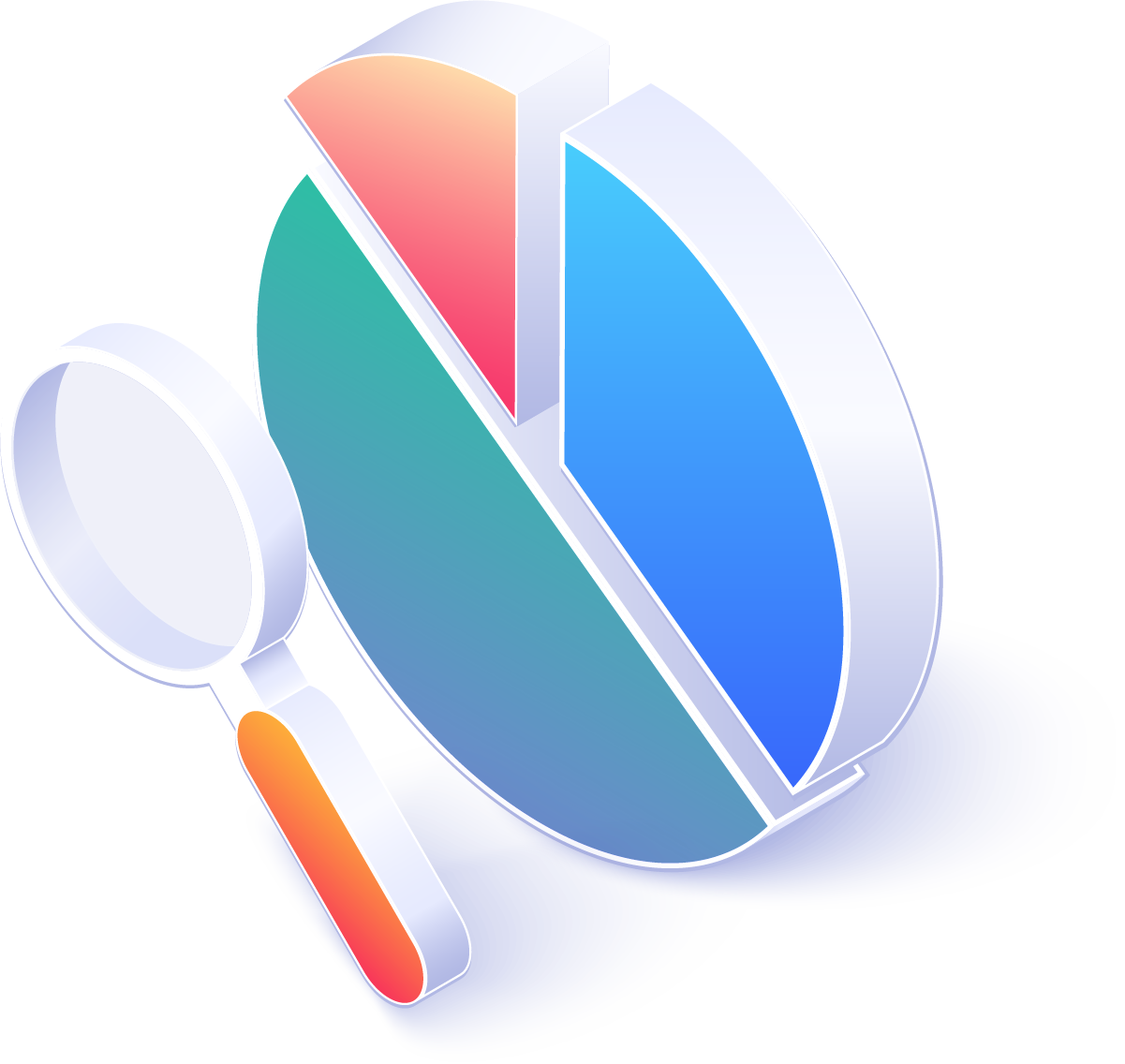Pie chart with a magnifying glass, symbolizing marketing analysis and SEO strategy for enhancing website visibility and performance.