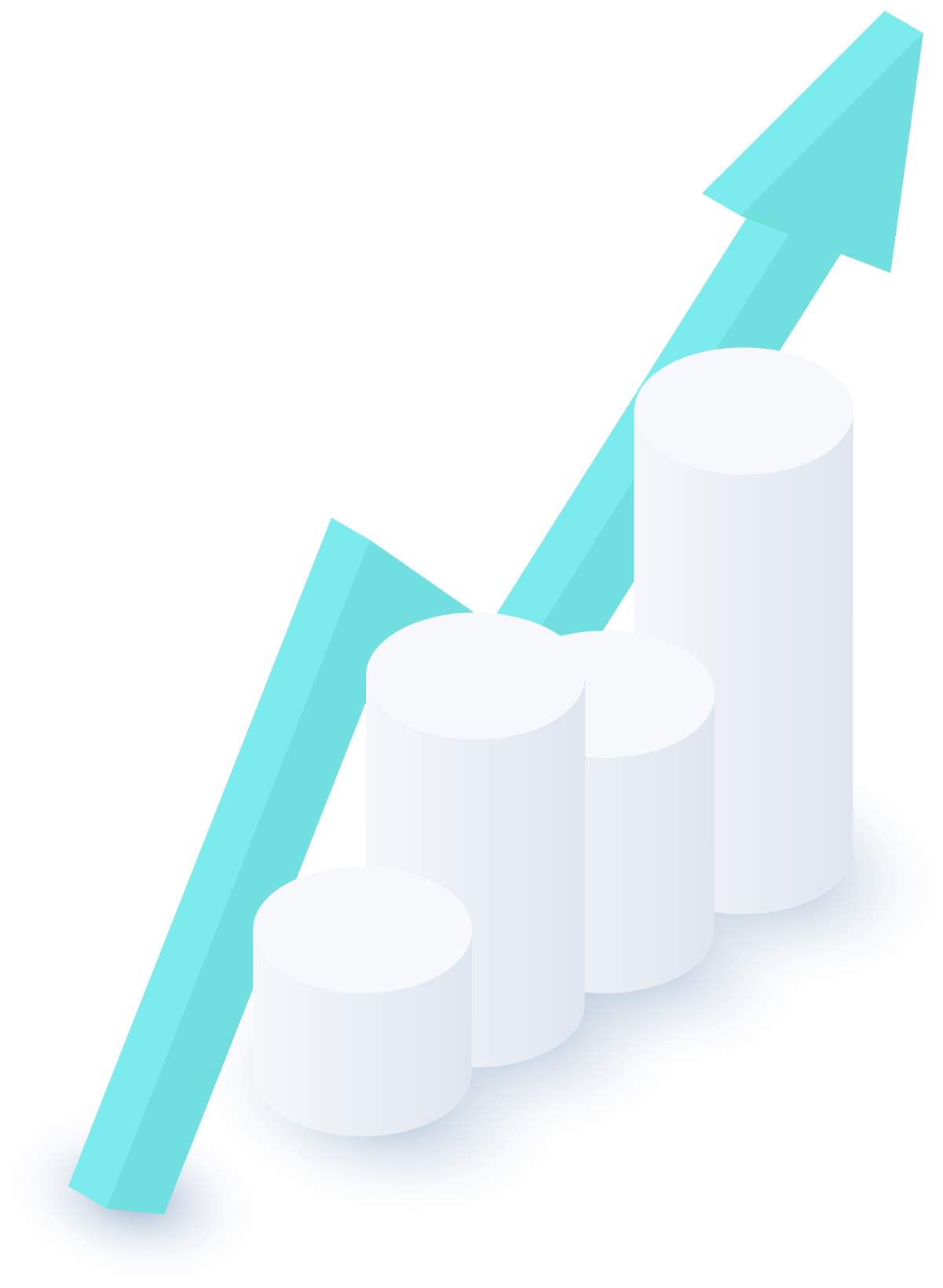 Graphical representation of increasing growth with stacked cylindrical bars and an upward arrow, symbolizing effective branding and marketing strategies.