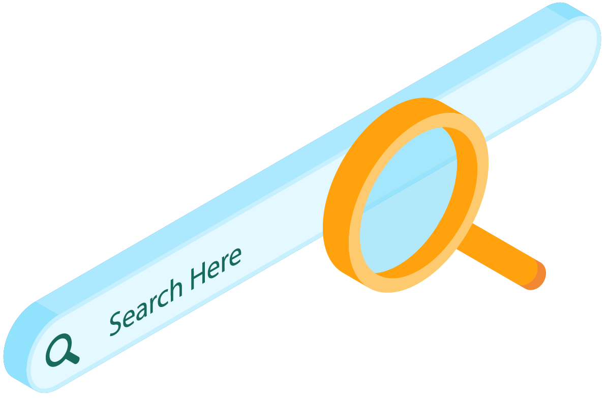 Search bar illustration with "Search Here" text, symbolizing SEO strategies and online visibility enhancement.