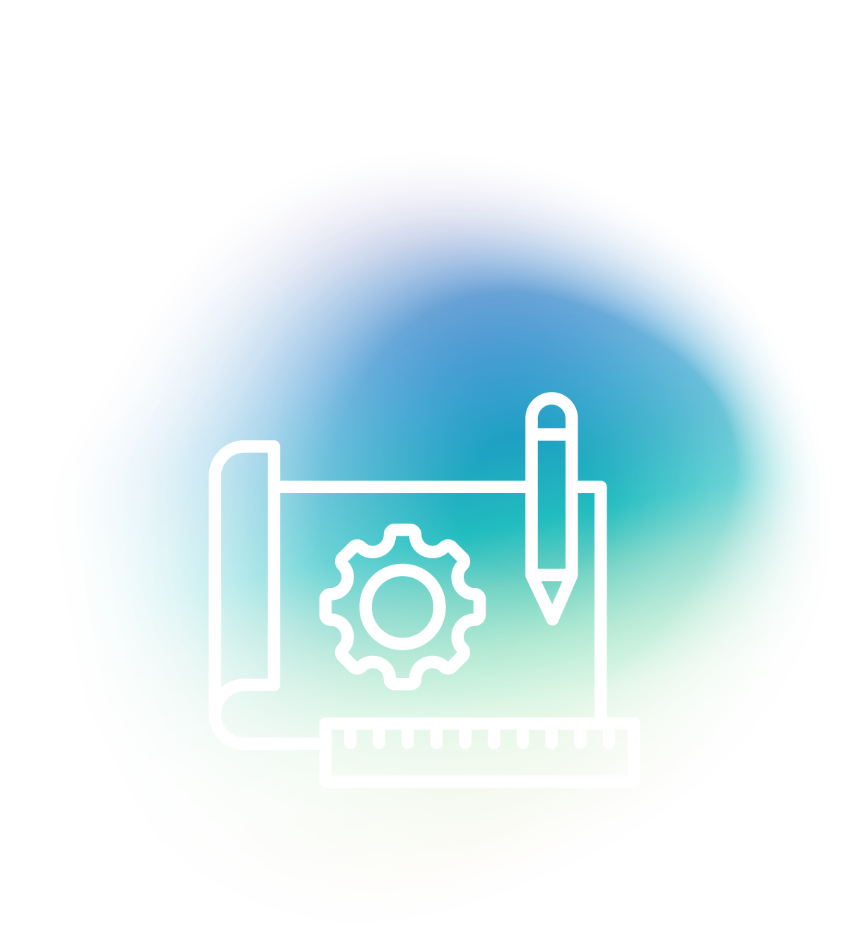 Icon of a blueprint with a gear, pencil, and ruler, symbolizing strategic planning and design for marketing campaigns.