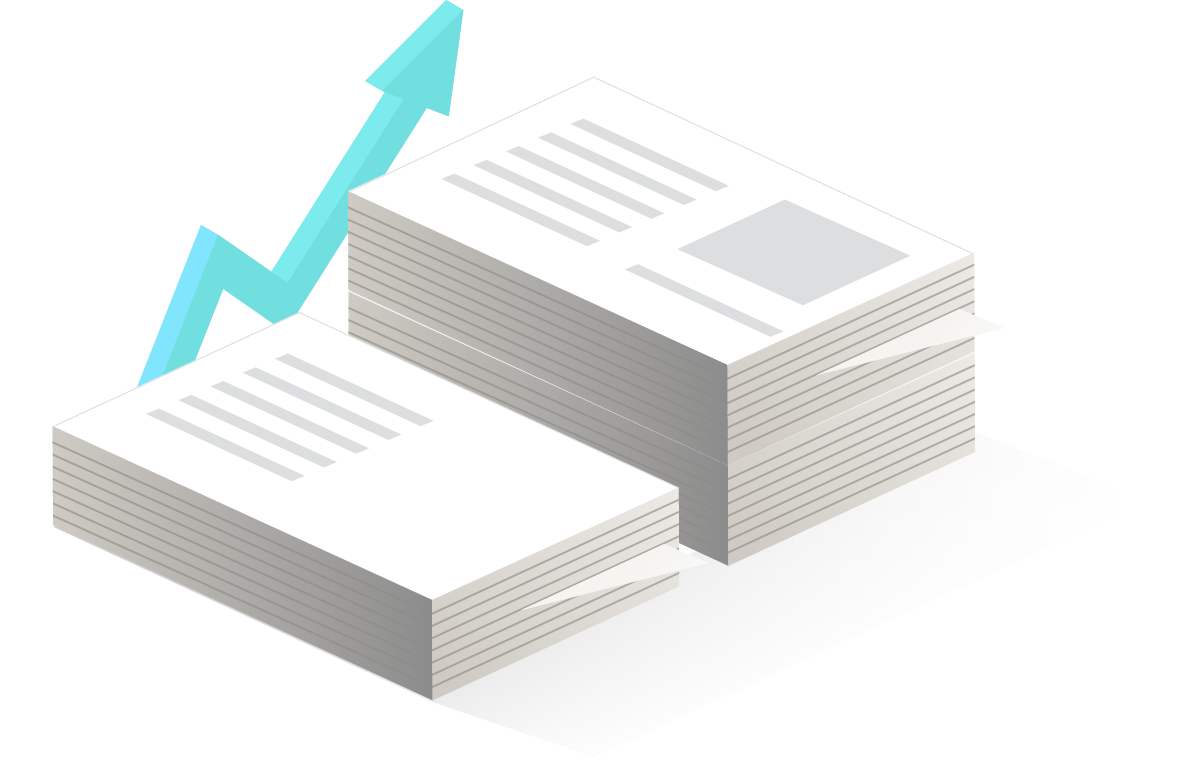 Stacks of printed materials with upward arrow symbolizing growth and effectiveness in commercial printing services.