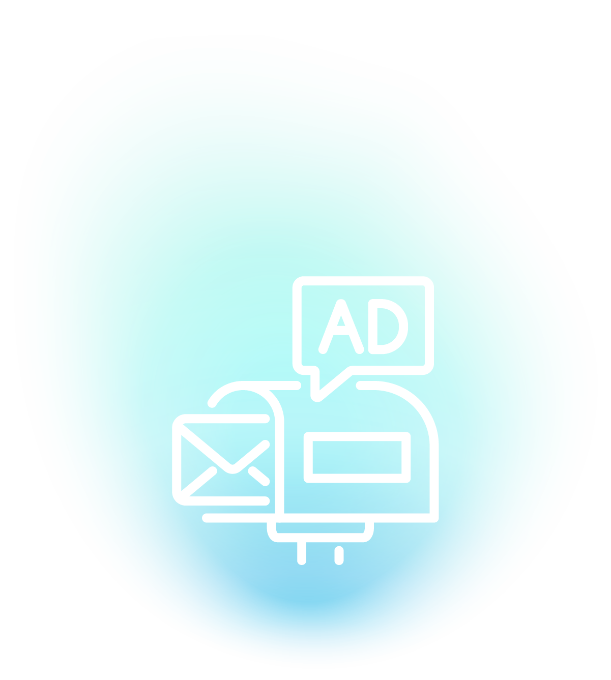 Direct mail advertising icon featuring an envelope and a mailbox with an "AD" speech bubble, representing print marketing services by Hagadone Media Group.