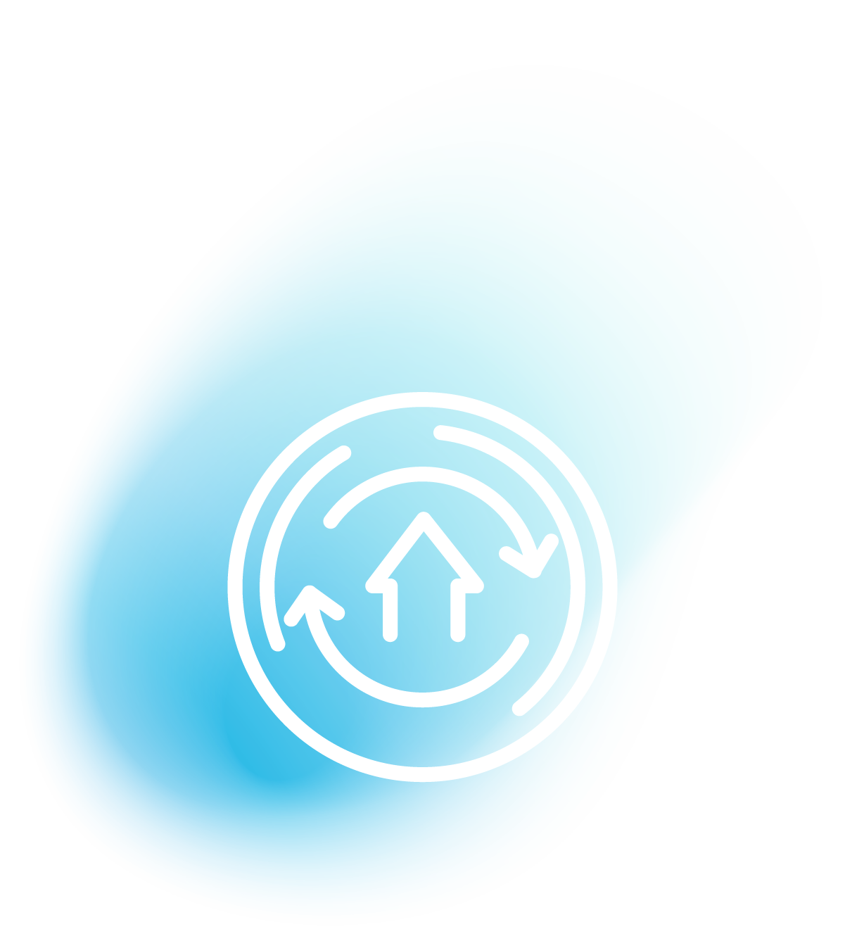 Icon representing automated email services with circular arrows and upward arrows on a gradient blue background, symbolizing efficient communication and brand visibility in public relations.