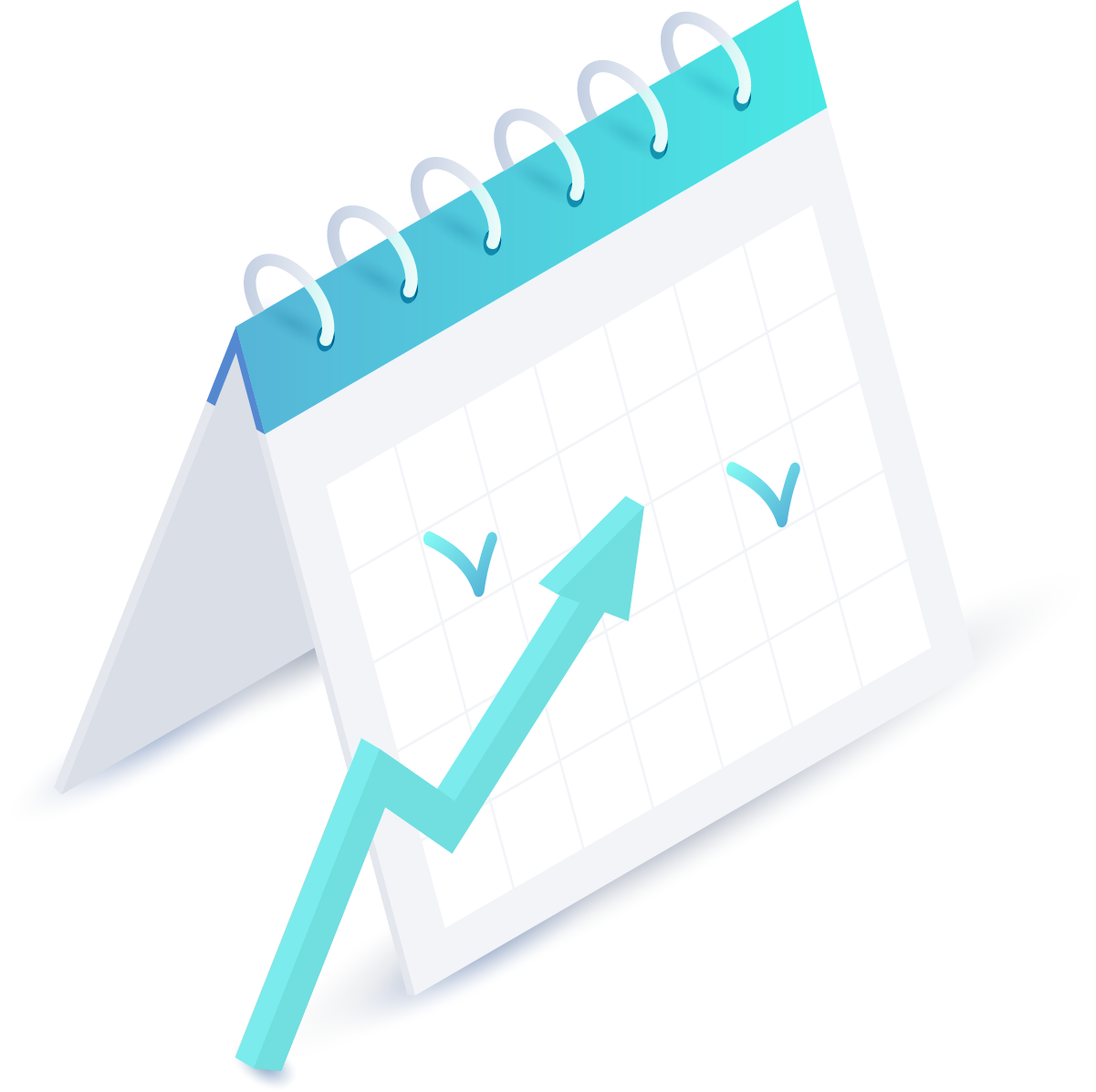 Calendar with checkmarks and upward trend arrow, symbolizing event planning and growth in attendance for Hagadone Media and Ticket Goat's event ticketing solutions.