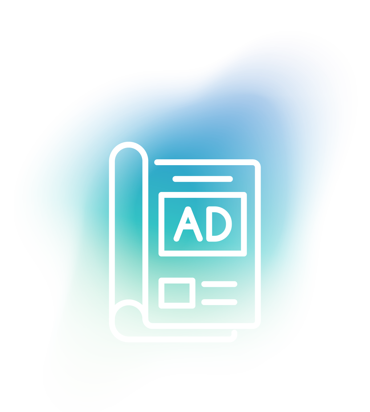 Print advertisement icon on a gradient background, symbolizing print marketing strategies and campaign effectiveness.