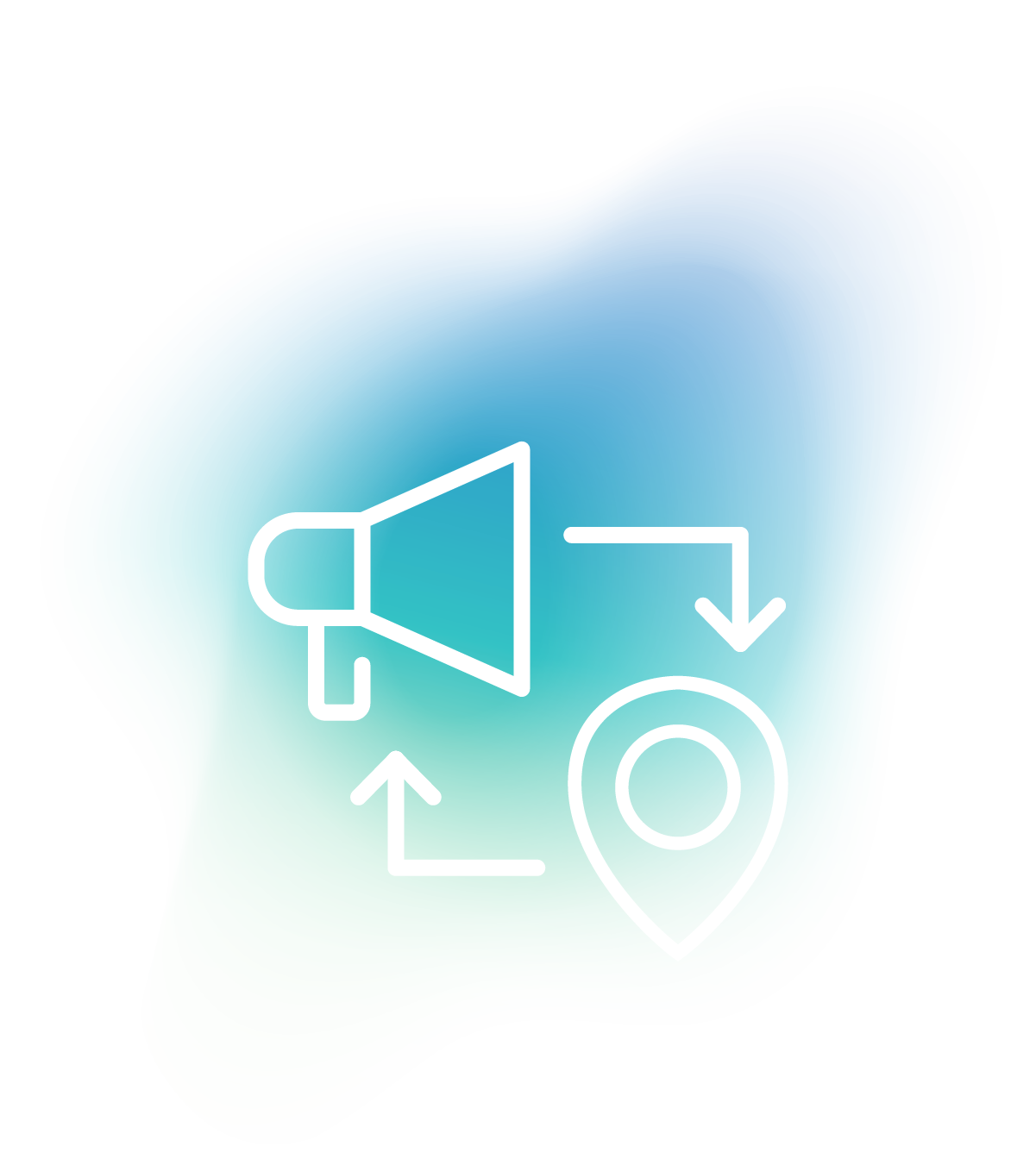 Icon representing print advertising services, featuring a megaphone and location marker, symbolizing audience targeting and publication placement strategy.