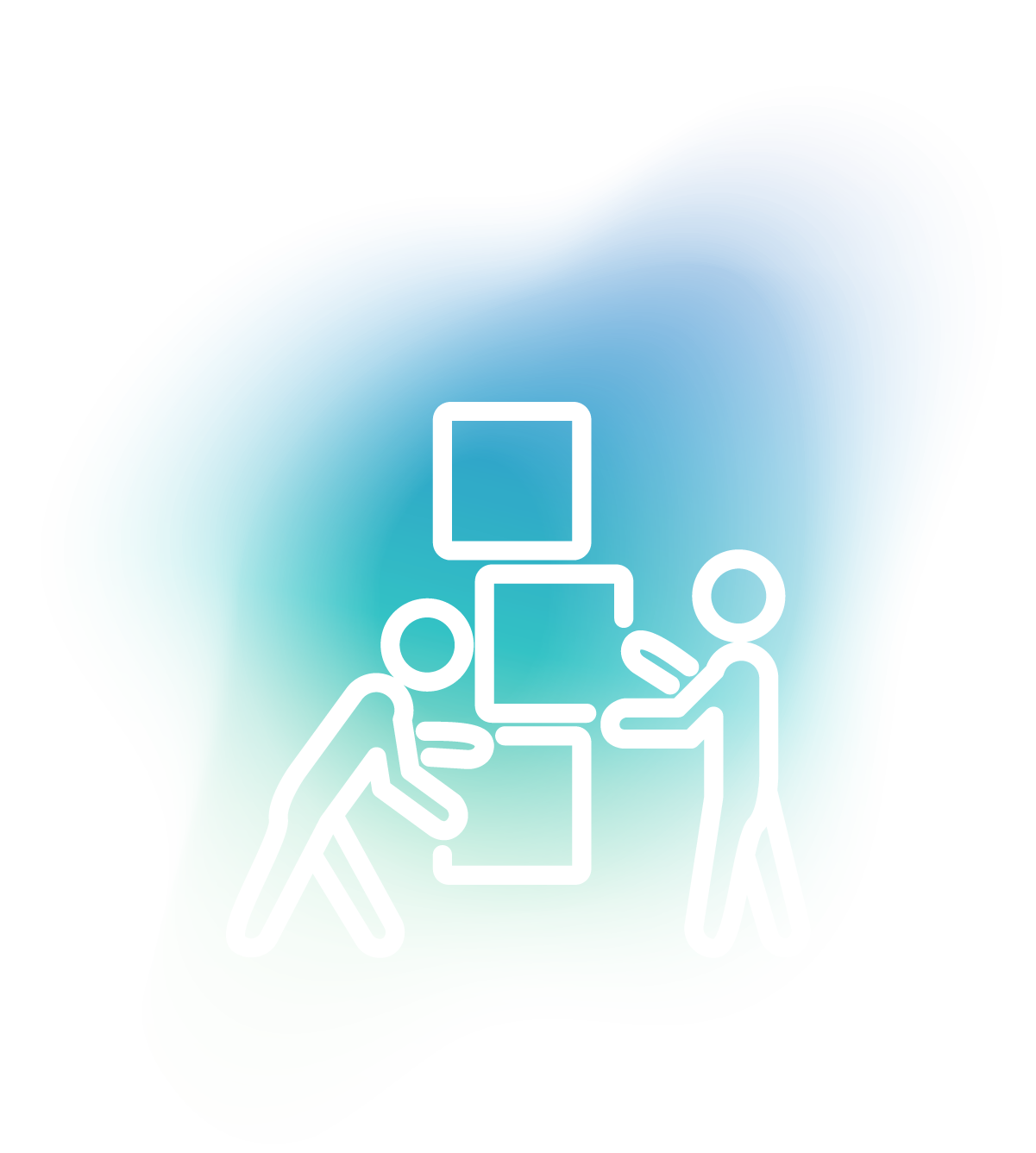 Two stylized figures collaborating to stack geometric blocks, representing teamwork and strategic marketing support for print projects at Hagadone Media Group.