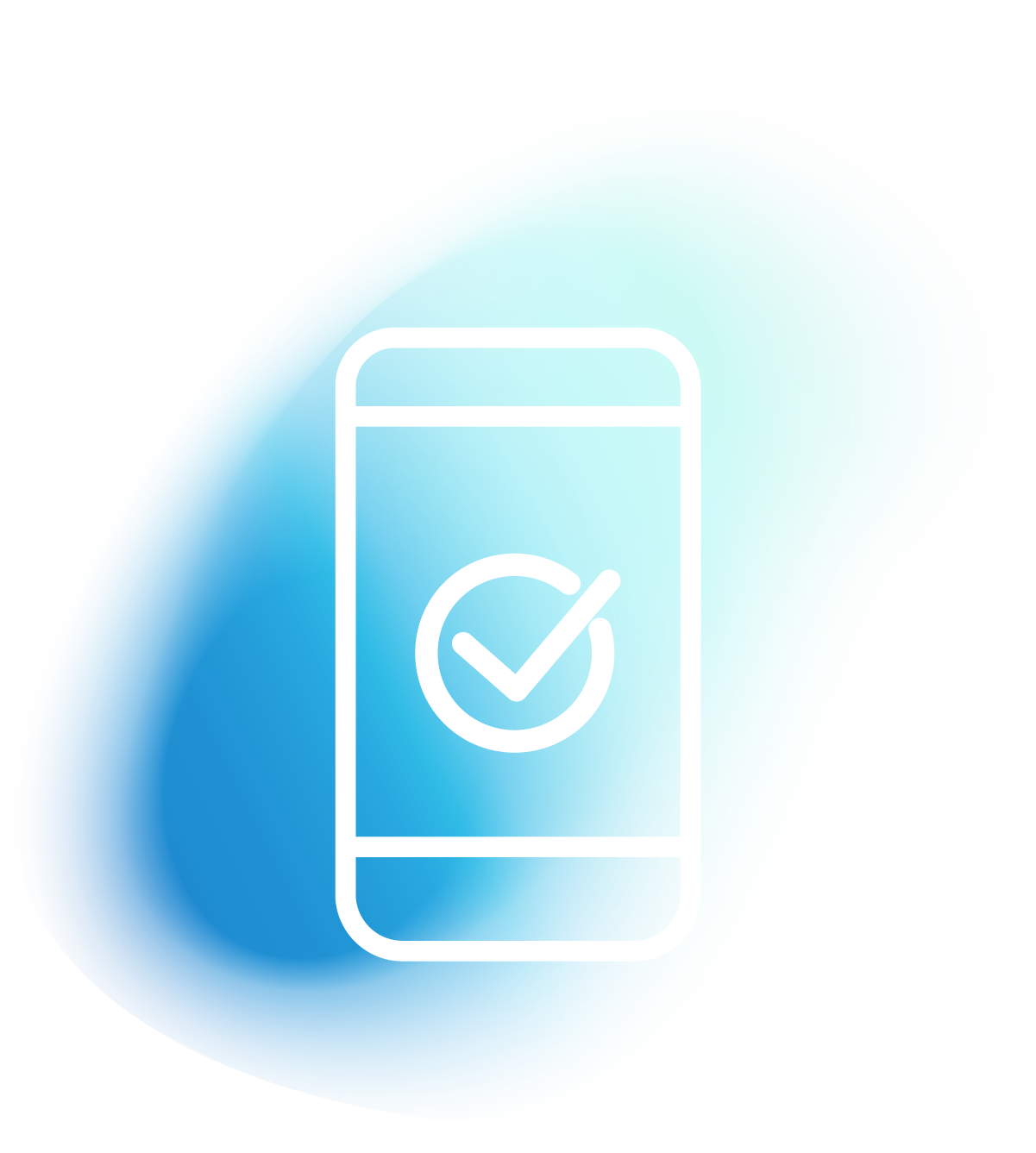 Smartphone with checkmark icon on a gradient blue background, representing social media engagement and campaign success.