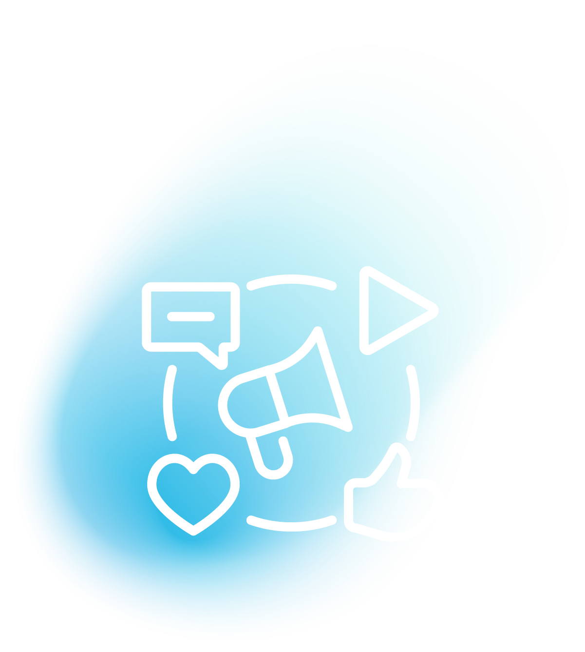 Social media advertising icons including a megaphone, heart, thumbs up, comment bubble, and play button, representing engagement and campaign strategies.