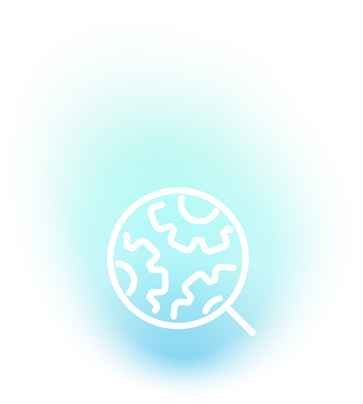Icon of a magnifying glass over gears, symbolizing strategic planning and analytics for business growth.