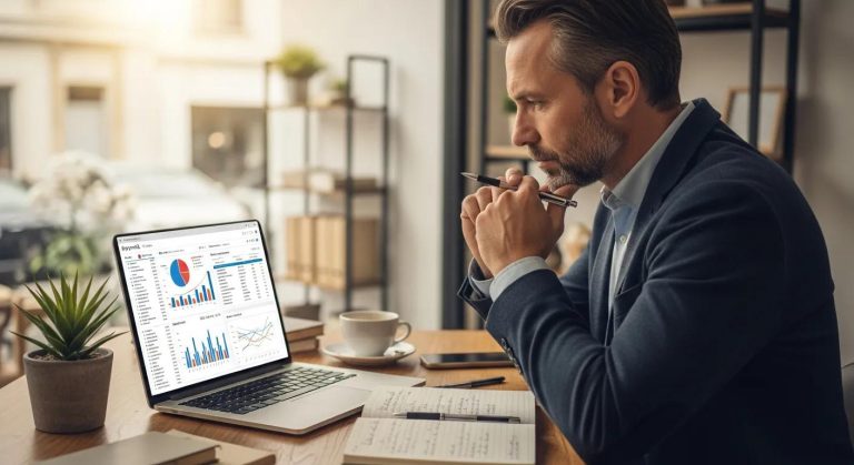Man analyzing data on a laptop, surrounded by a notebook and coffee, representing insights for marketing strategies and programmatic campaigns.