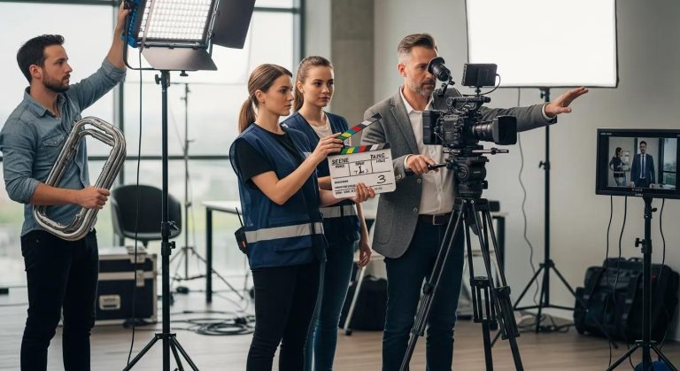 Film crew preparing for corporate video production with camera, clapperboard, and lighting equipment in a modern studio setting.