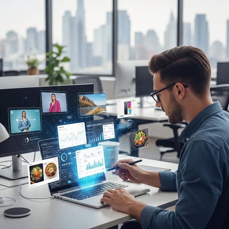 Digital marketing professional analyzing data on a laptop with multiple screens displaying dynamic creative optimization metrics and visuals for programmatic advertising.