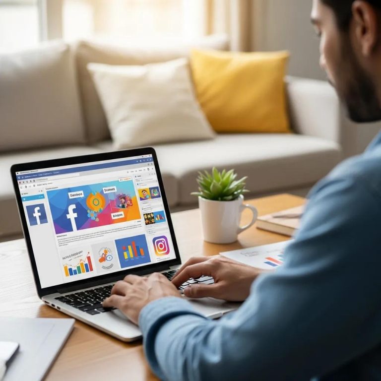 Person working on laptop creating Facebook and Instagram ads in a modern workspace, emphasizing digital marketing strategies and social media engagement.