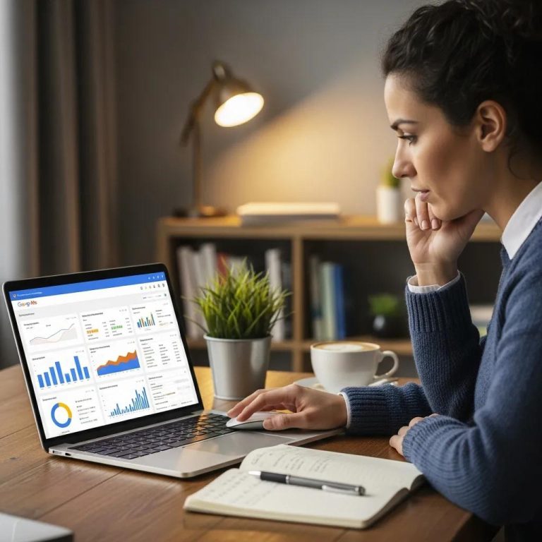 Woman reviewing Google Ads performance on laptop in a cozy office, surrounded by a notebook, pen, and coffee cup, emphasizing digital marketing insights and strategies.