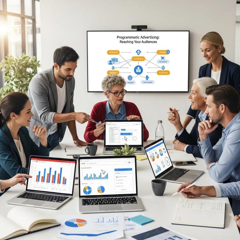 Group of business professionals discussing programmatic audience targeting strategies in a modern office setting, with laptops displaying marketing analytics and a presentation on programmatic advertising.