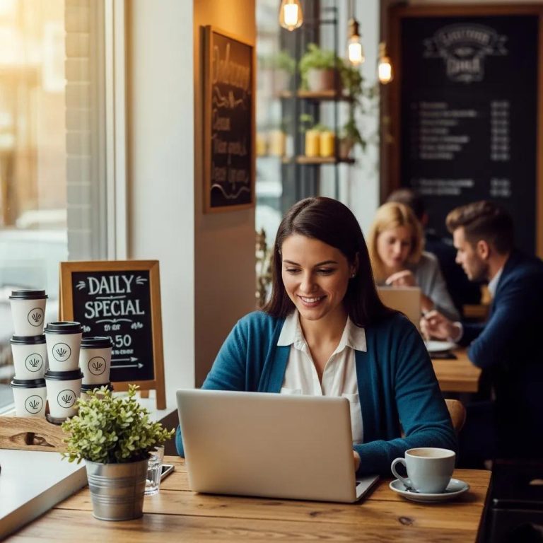Woman working on a laptop in a café, symbolizing local SEO and content strategy, with coffee and daily special sign visible.