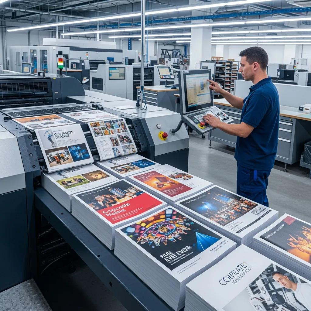 A printing press producing colorful brochures, highlighting the brochure printing services offered by Hagadone Media Group