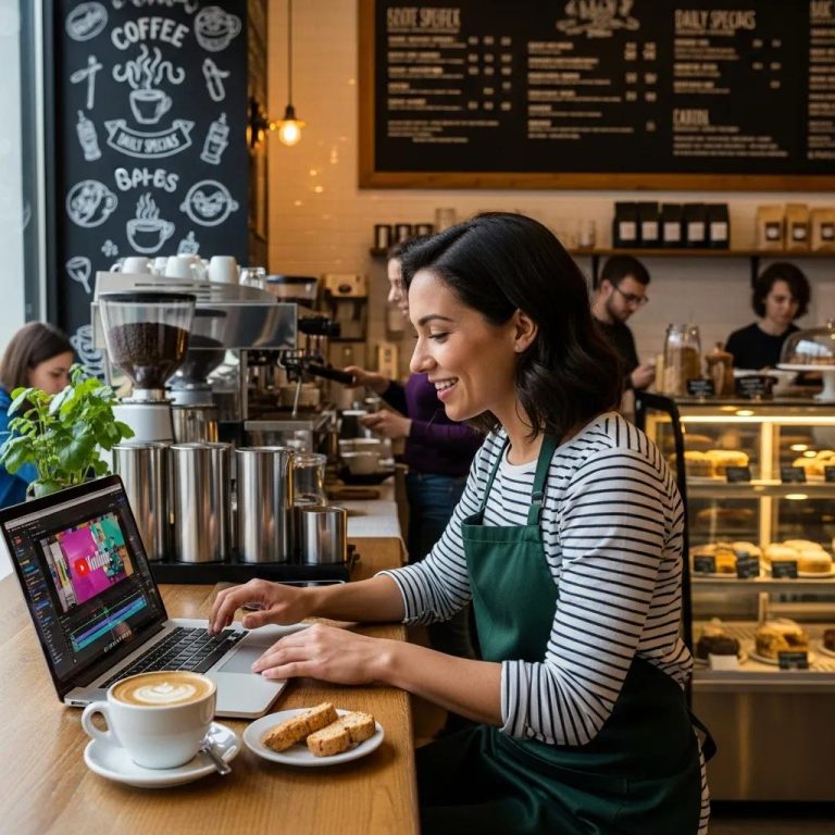 local business owner creating a youtube ad in a cozy coffee shop 0958206c 9b74 47d5 9670 a0143e405f47